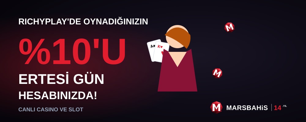 Richyplay canlı casino ve slot oyunlarında ertesi gün yüzde 10 nakit iade bilgilendirmesi